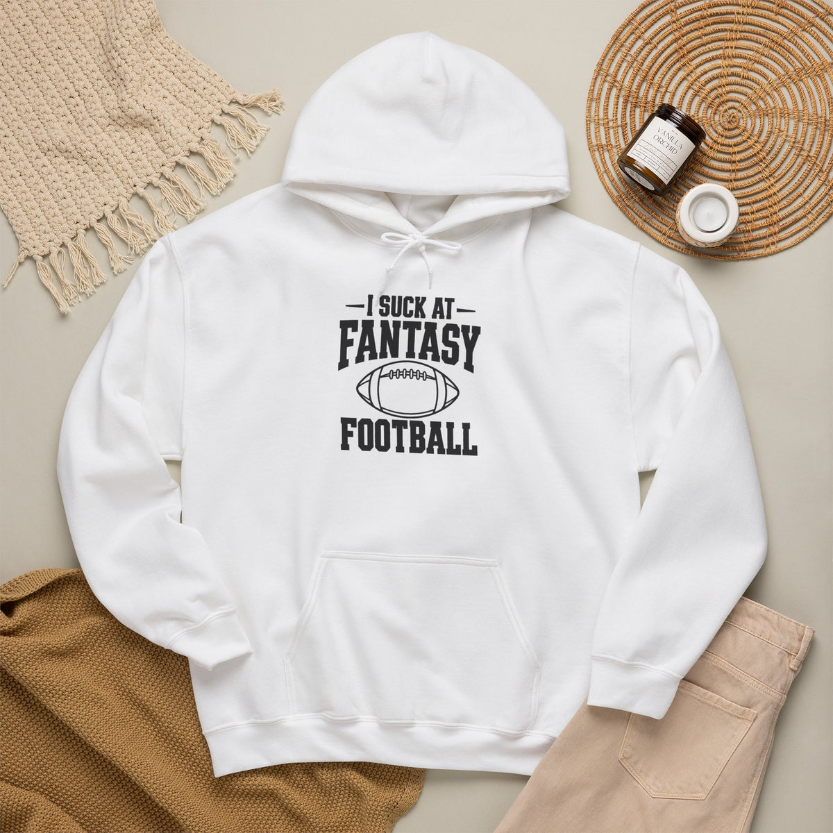 White fantasy football hoodie with hood, drawstring, and football graphic on chest