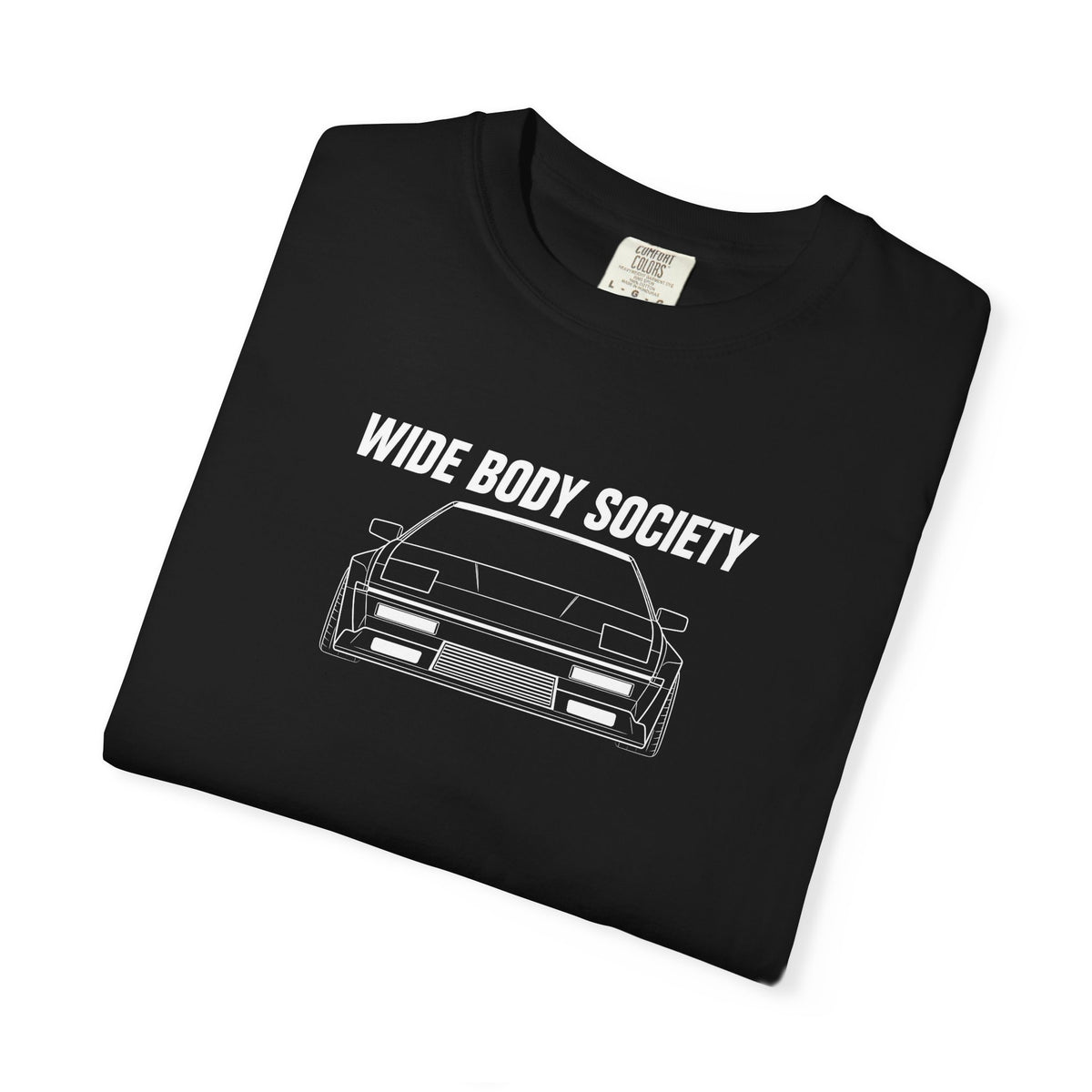 Black JDM t-shirt close-up with Wide Body Society text and car outline