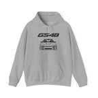 Sport grey pullover hoodie with GS48 logo and car graphic, front pouch pocket and drawstring hood