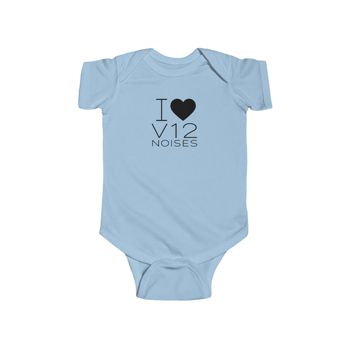 Light blue baby bodysuit with black heart and V12 noises graphic on front