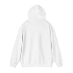 White pullover hoodie with drawstring hood and kangaroo pocket, back view