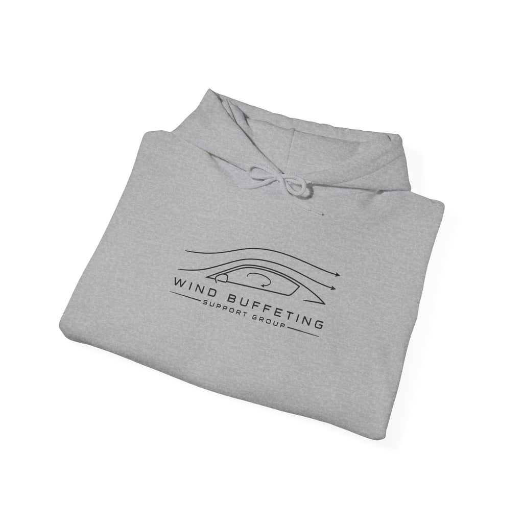 Light gray hoodie folded with front wind graphic logo and drawstring hood