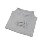 Light gray hoodie folded with front wind graphic logo and drawstring hood