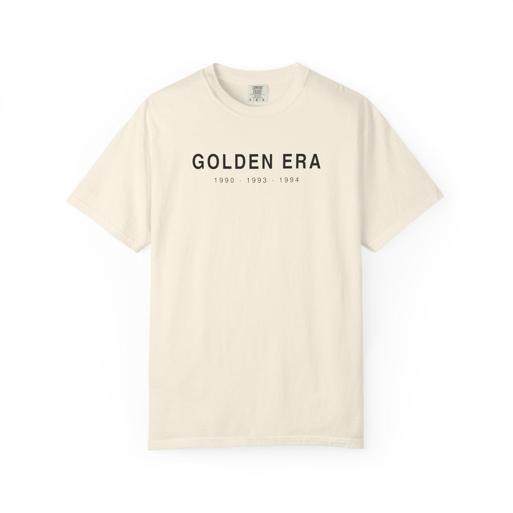 Ivory T-shirt with “GOLDEN ERA” text graphic and year range print on chest