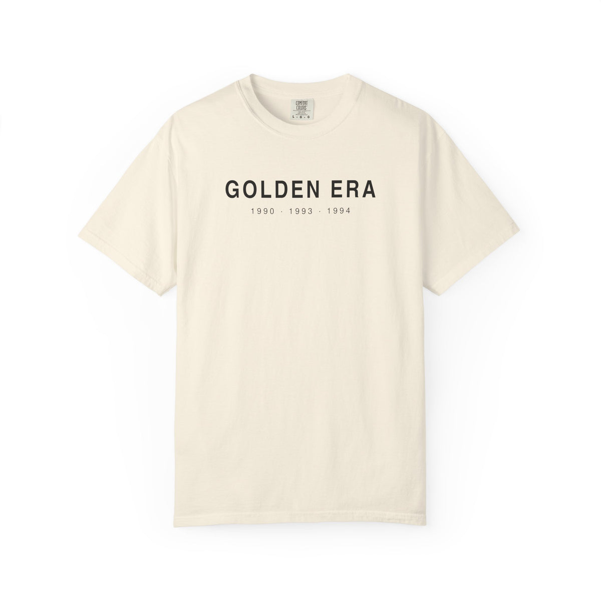 Ivory T-shirt with “GOLDEN ERA” text graphic and year range print on chest