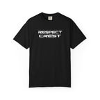 Black crewneck T-shirt with "RESPECT CREST" logo graphic on the front