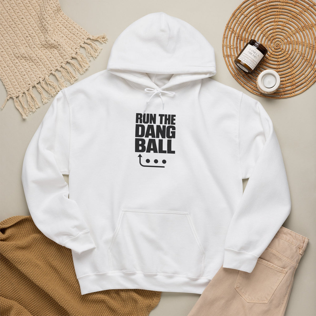 White pullover football hoodie with front “RUN THE DANG BALL” graphic and kangaroo pocket