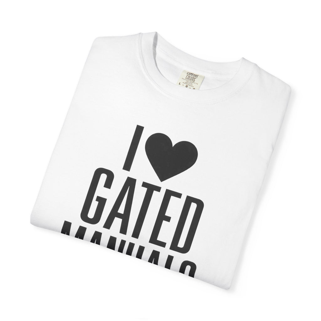 White crew-neck T-shirt with heart "GATED MANUALS" graphic close-up