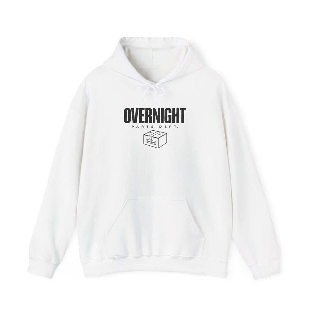 White pullover hoodie with front kangaroo pocket, drawstring hood, and logo graphic
