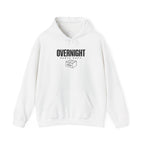White pullover hoodie with front kangaroo pocket, drawstring hood, and logo graphic