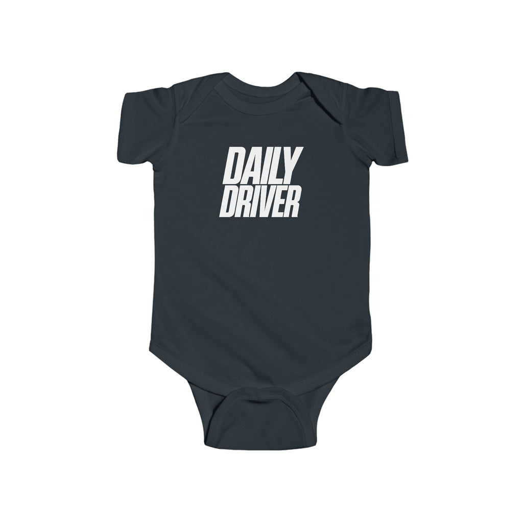 Black baby bodysuit with short sleeves and "DAILY DRIVER" front graphic
