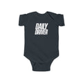 Black baby bodysuit with short sleeves and "DAILY DRIVER" front graphic
