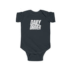 Black baby bodysuit with short sleeves and "DAILY DRIVER" front graphic
