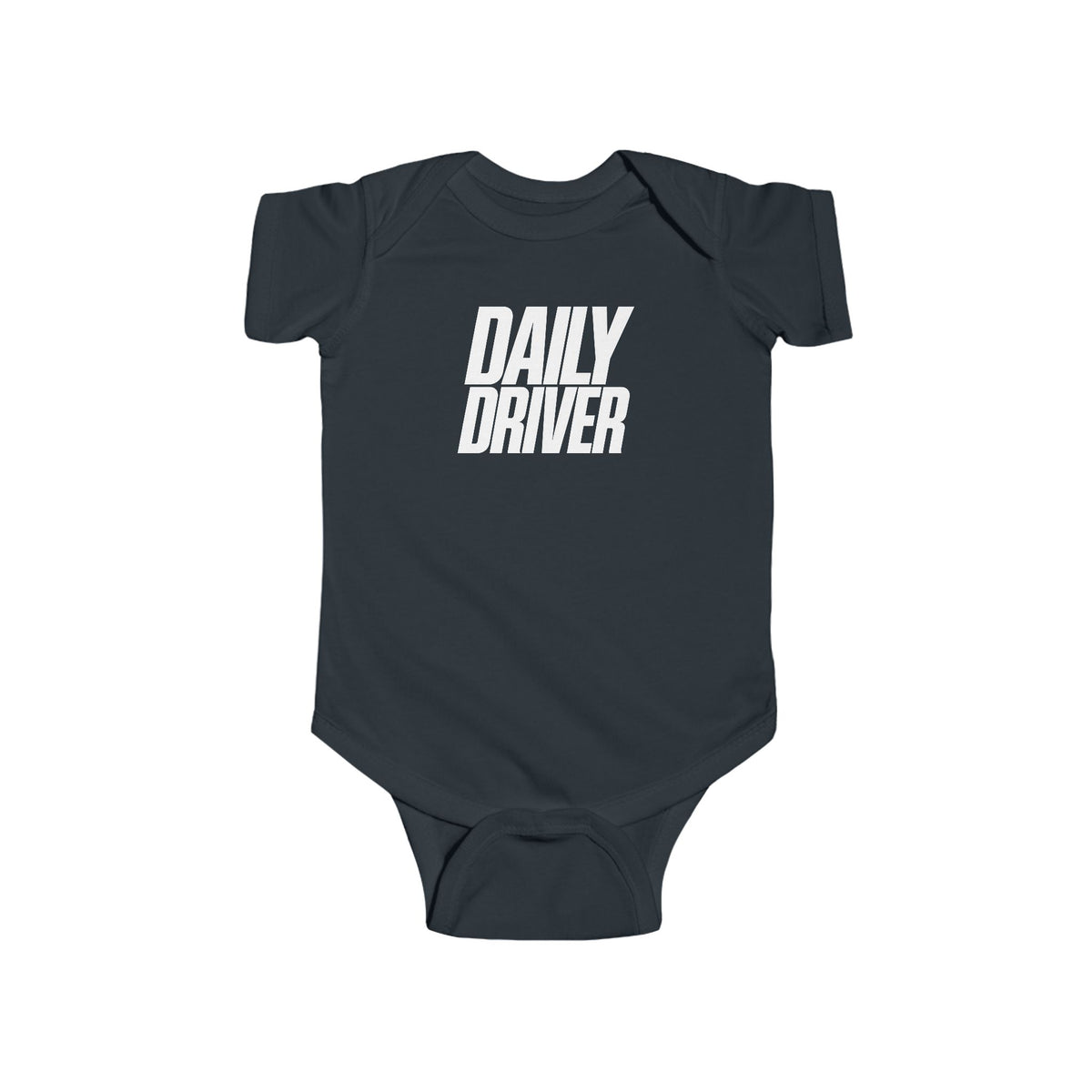 Black baby bodysuit with short sleeves and "DAILY DRIVER" front graphic