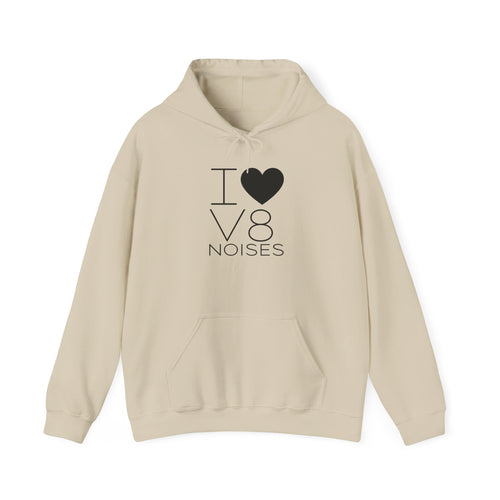 Cream hoodie with front pouch and I heart V8 noises graphic