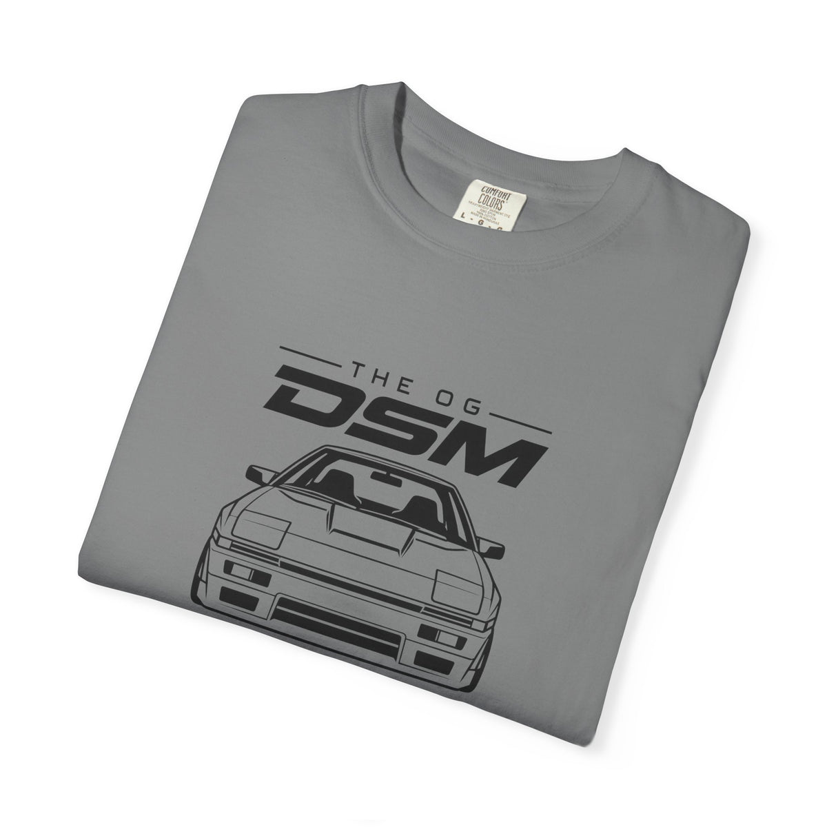 Grey T-shirt with front “OG DSM” car graphic