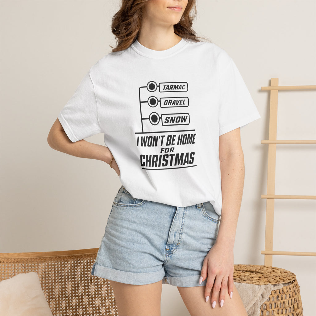 White crew-neck T-shirt with holiday sign graphic, worn on model