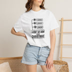 White crew-neck T-shirt with holiday sign graphic, worn on model