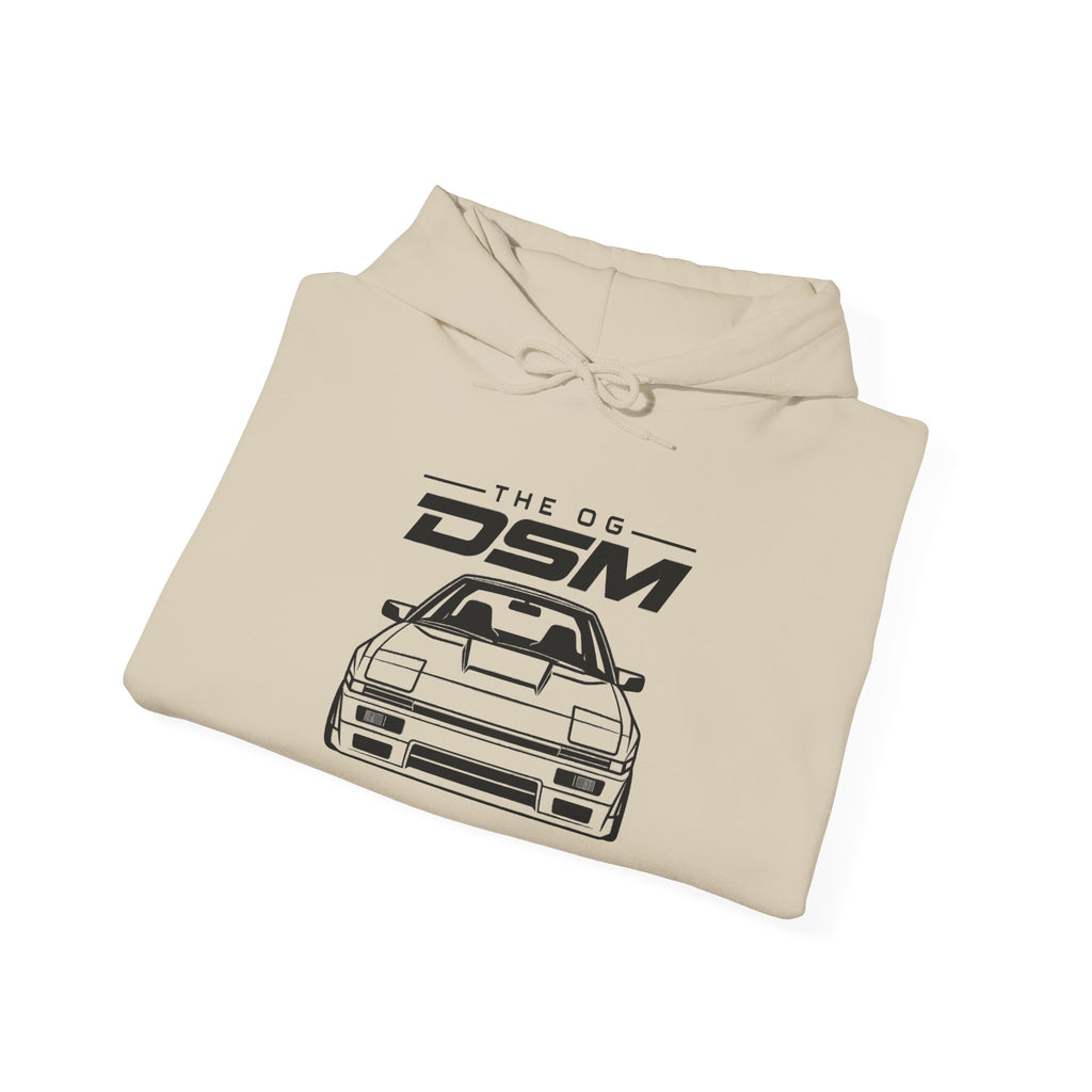 Sand JDM hoodie folded with large front car and “THE OG DSM” graphic