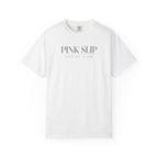 White crewneck T-shirt with "PINK SLIP" Social Club logo print