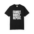 Black graphic slogan T-shirt with stacked text design on the chest