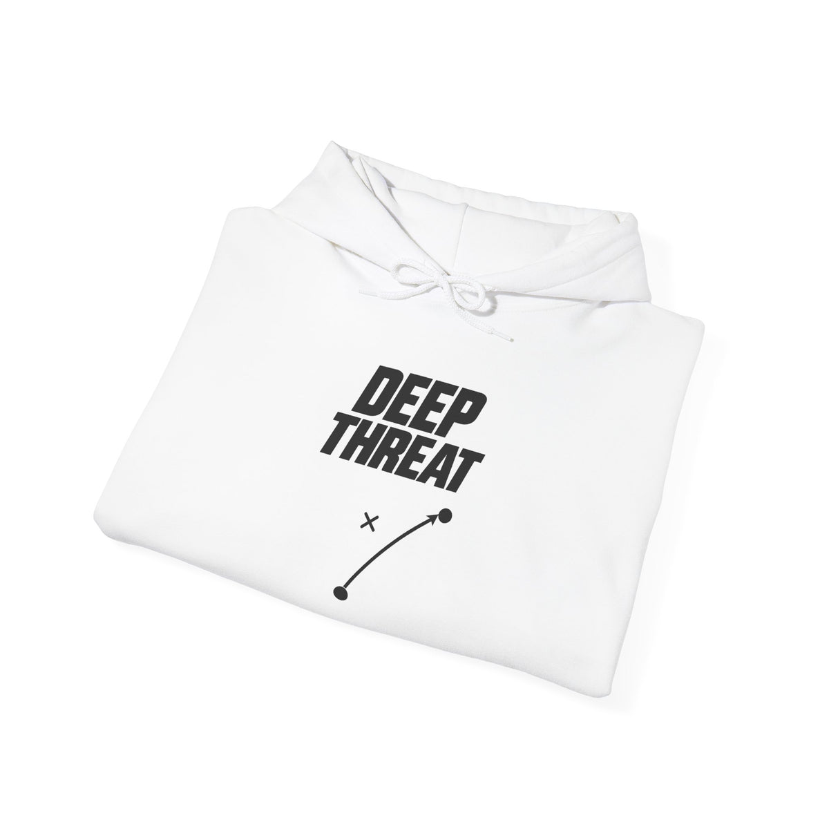 White hoodie with DEEP THREAT logo graphic, drawstring hood, and front pocket