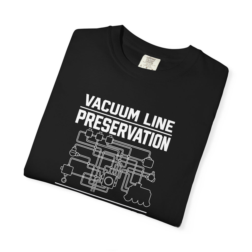 Black t-shirt, front graphic text and circuit-style illustration, crew neck