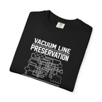 Black t-shirt, front graphic text and circuit-style illustration, crew neck