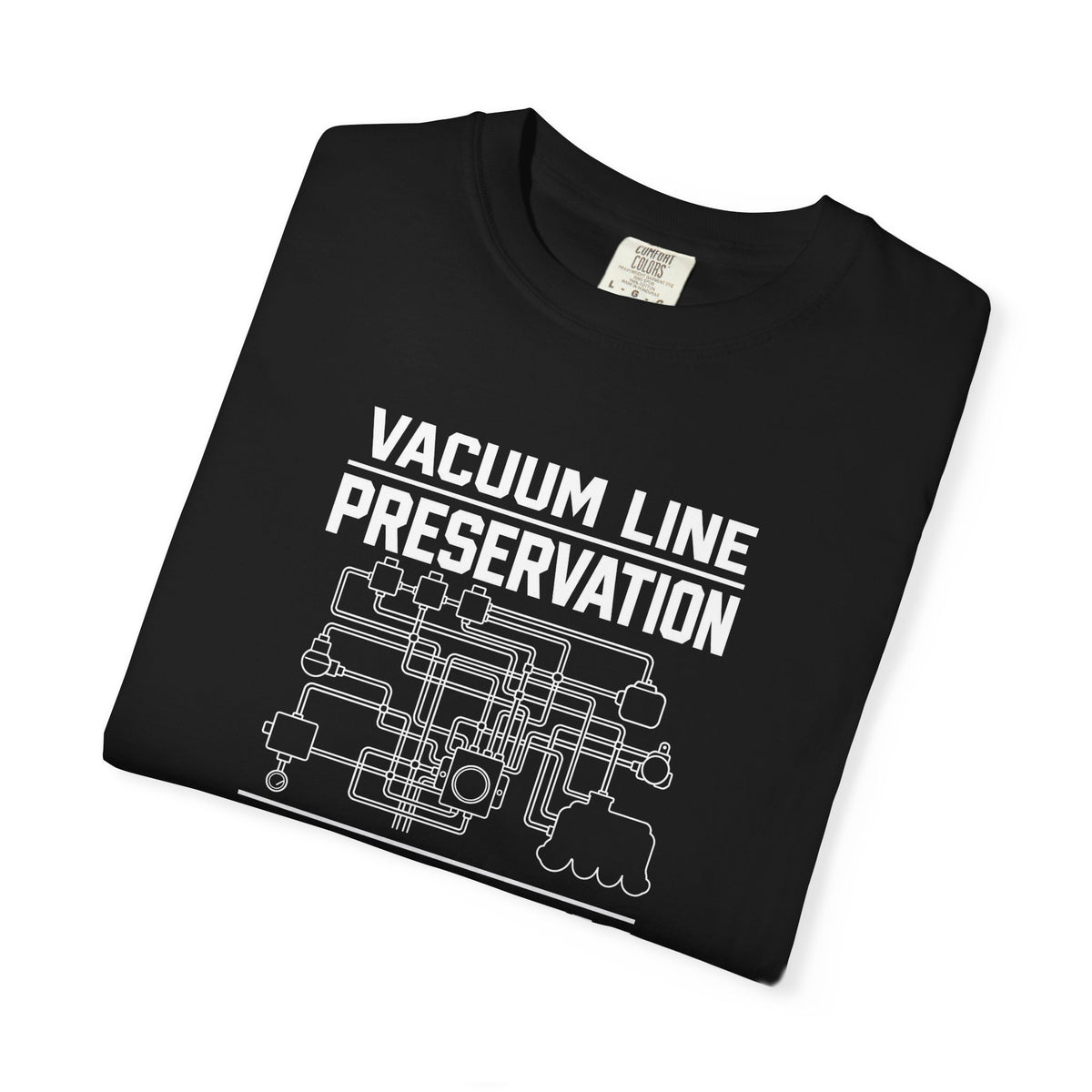 Black t-shirt, front graphic text and circuit-style illustration, crew neck