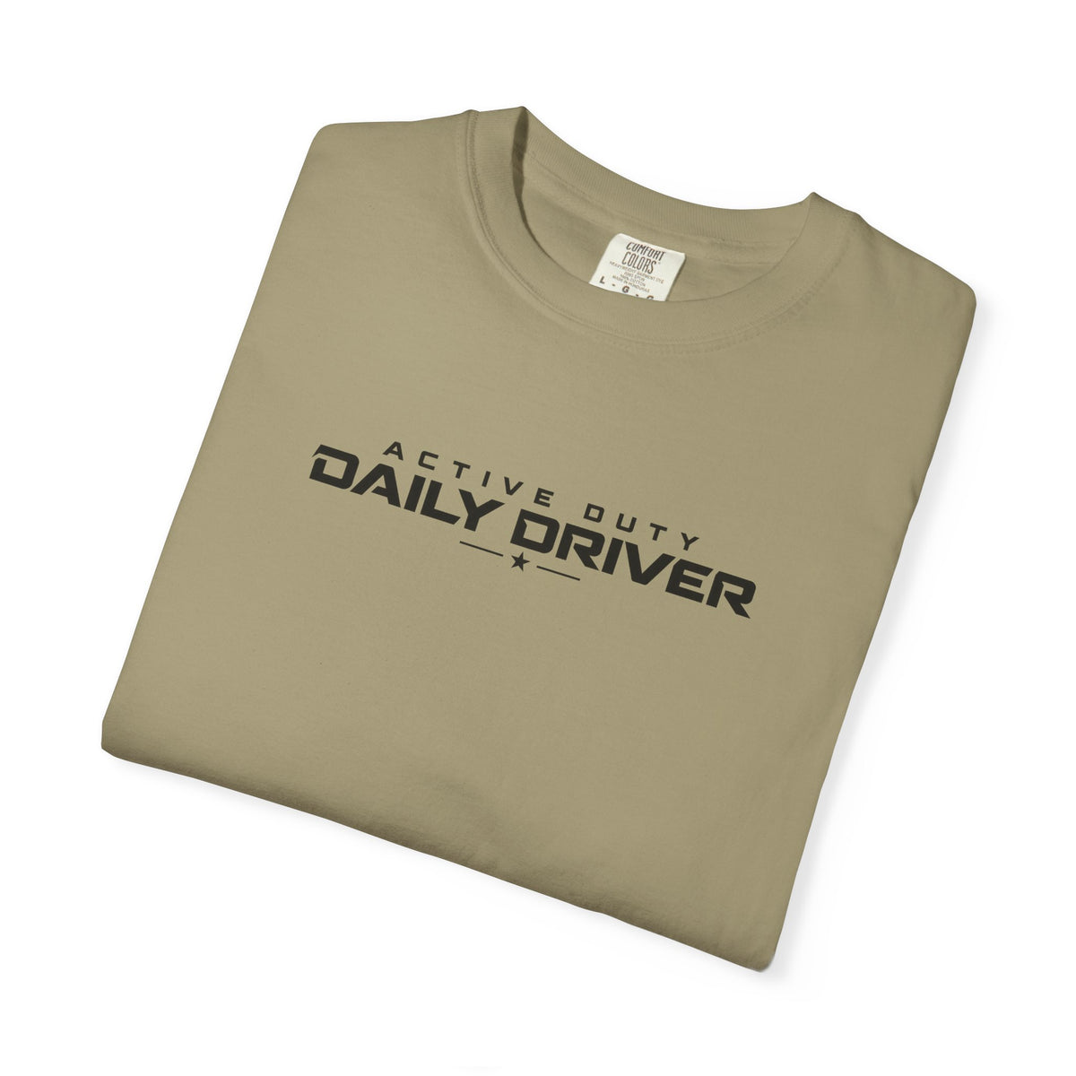 Olive crew-neck T-shirt with “Daily Driver” logo print on chest.