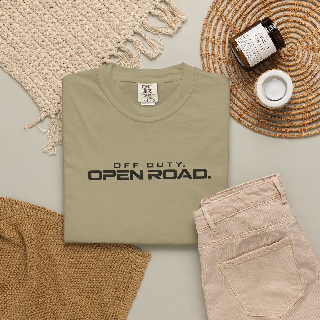 Flat-lay khaki T-shirt with 'Off Duty Open Road' print on chest