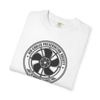 White crew-neck T-shirt, folded, with circular fan logo graphic on the chest