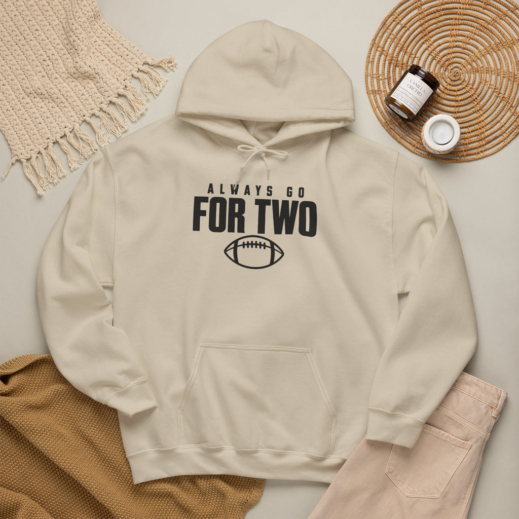 Sand football hoodie front view with drawstring hood, pocket, and football logo