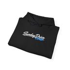 Black pullover hoodie laid flat, showing embroidered chest logo