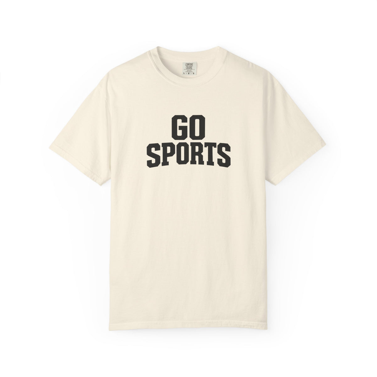 Ivory crew-neck t-shirt with dark "GO SPORTS" logo print on the chest