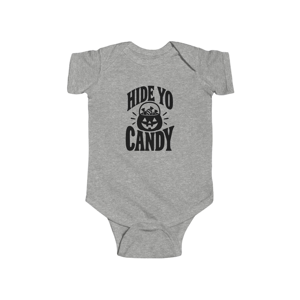 Heather gray kids graphic baby bodysuit with 'Hide Yo Candy' pumpkin logo