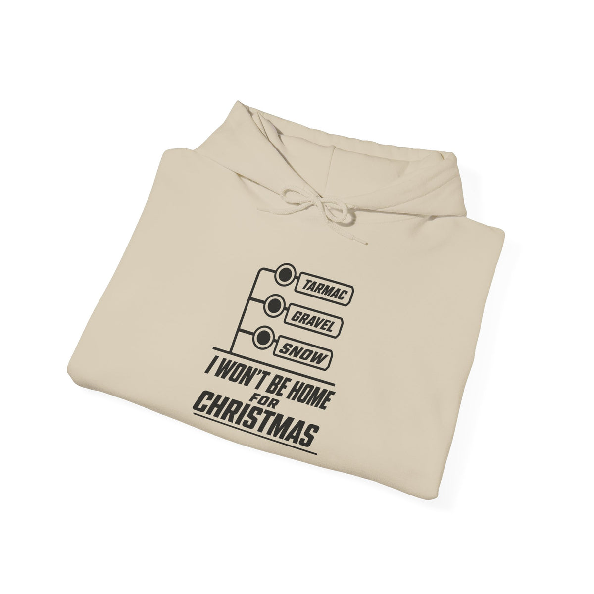 Sand pullover hoodie with chest graphic "I won't be home for Christmas"