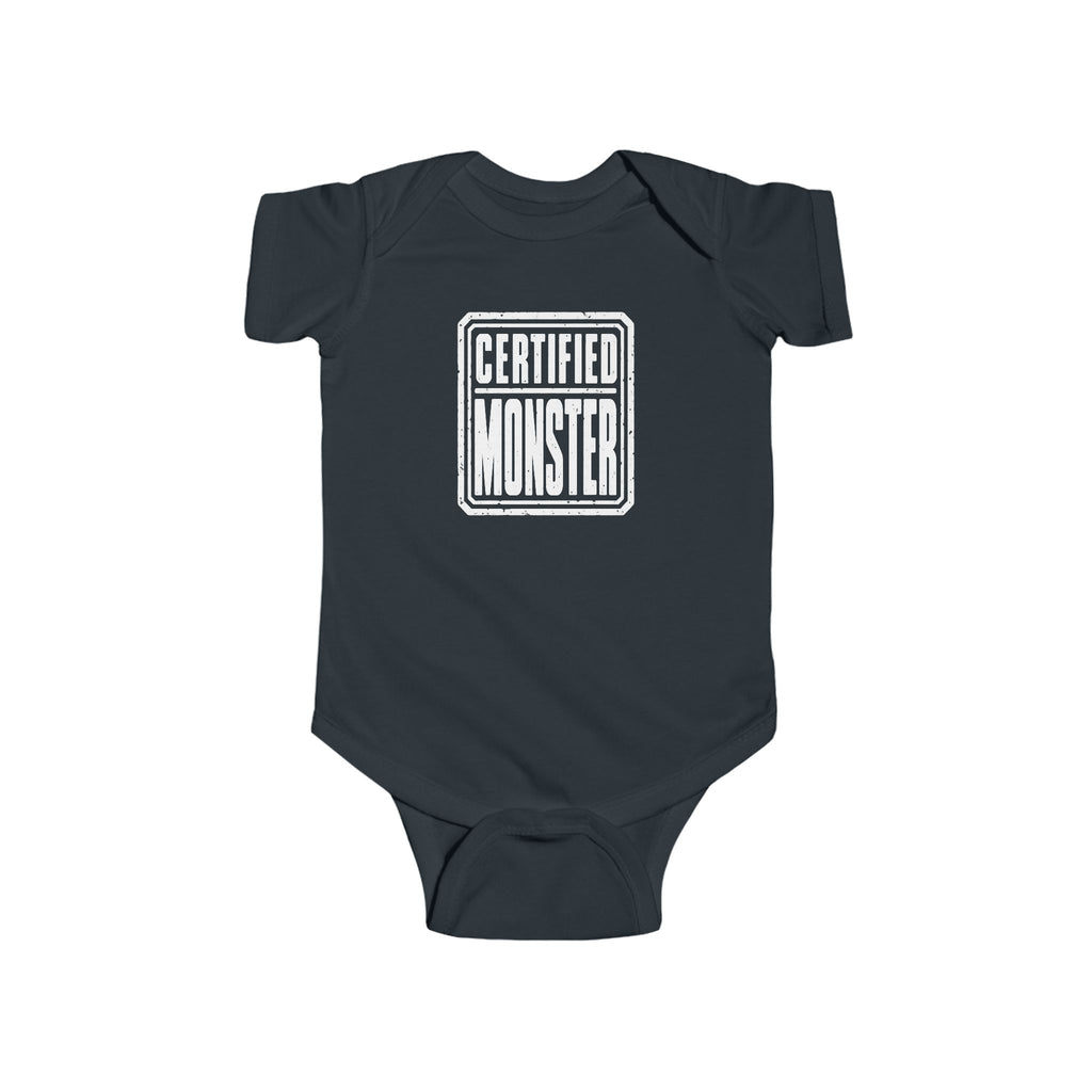Black baby bodysuit with “CERTIFIED MONSTER” graphic on front