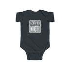 Black baby bodysuit with “CERTIFIED MONSTER” graphic on front