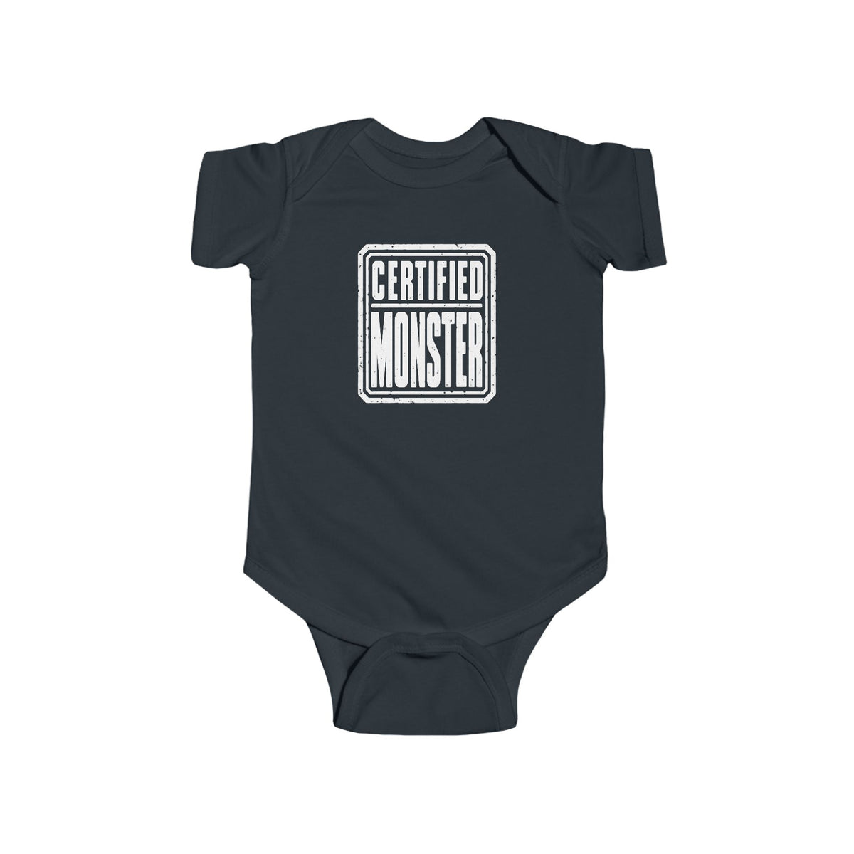 Black baby bodysuit with “CERTIFIED MONSTER” graphic on front