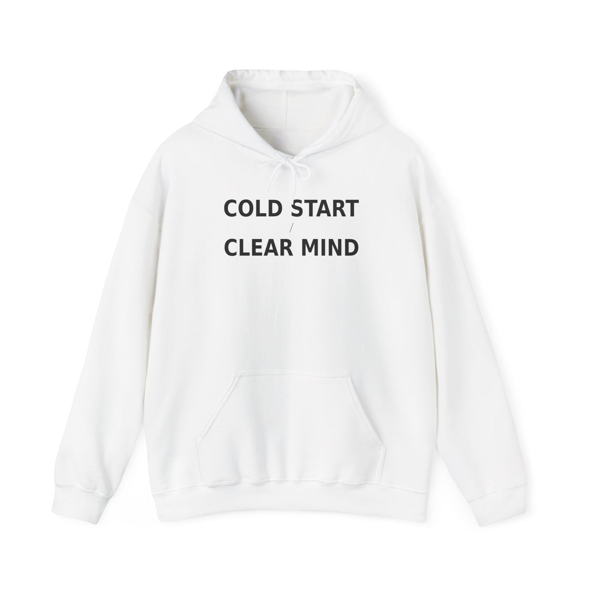 White hoodie with drawstring hood, front kangaroo pocket, and centered text graphic