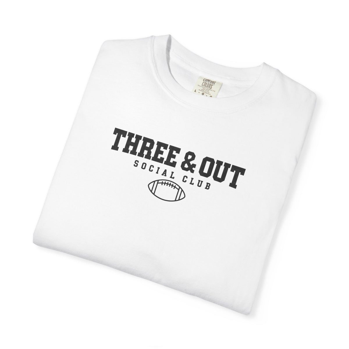 White T-shirt with Three & Out Social Club football logo graphic, crew neck.