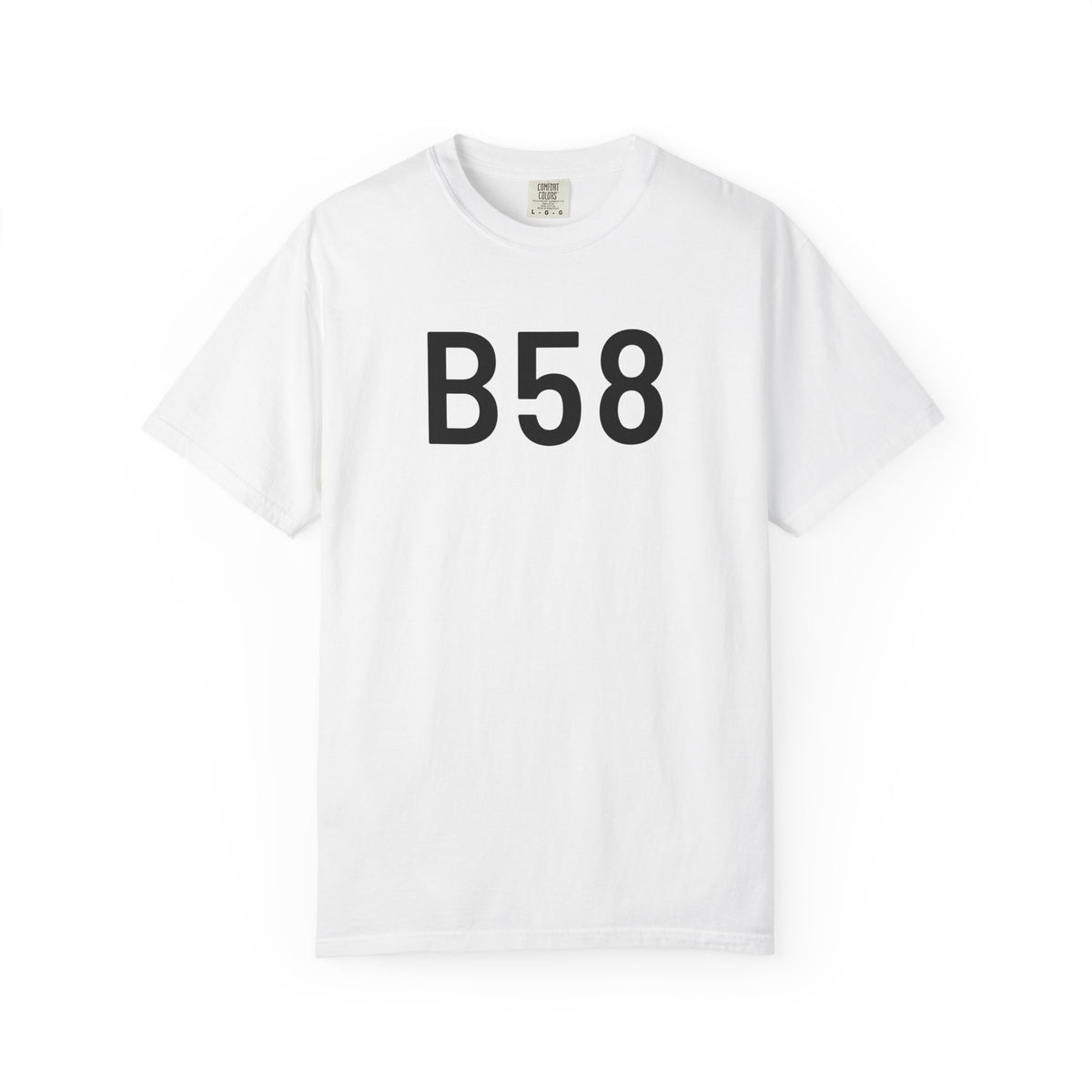 White crewneck T-shirt with large black B58 print on the front