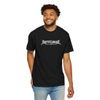 Black crewneck graphic tee on model with Shifter Linkage logo print at chest