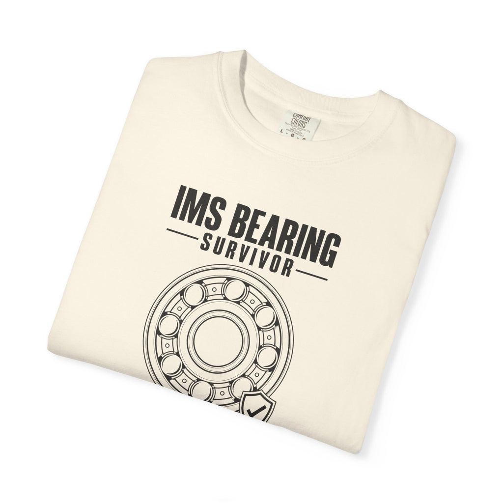 Light cream crew-neck T-shirt with 'IMS BEARING SURVIVOR' circular wheel graphic