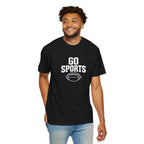 Black football T-shirt with Go Sports logo, worn with blue jeans