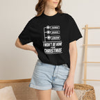 Black crew-neck T-shirt with TARMAC, GRAVEL, SNOW graphic and “I WON’T BE HOME FOR CHRISTMAS”.