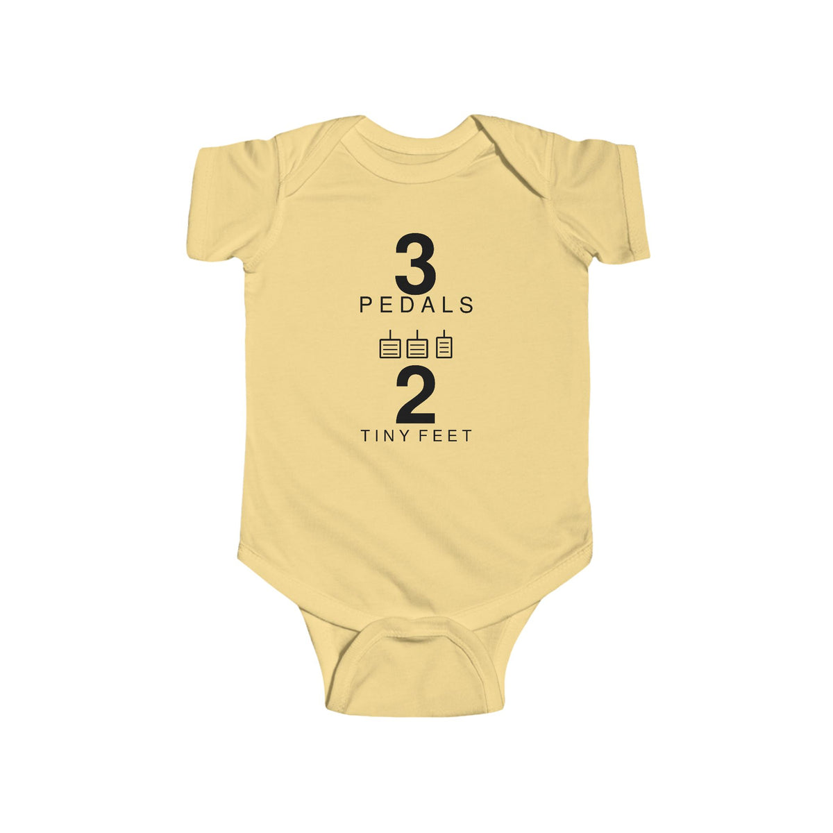 Butter baby bodysuit with Three Pedals graphic on front