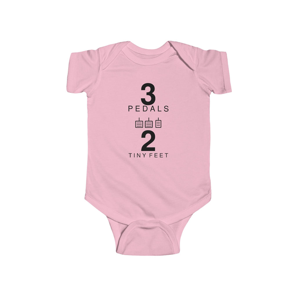 Pink baby bodysuit with Three Pedals graphic on front