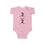 Pink baby bodysuit with Three Pedals graphic on front